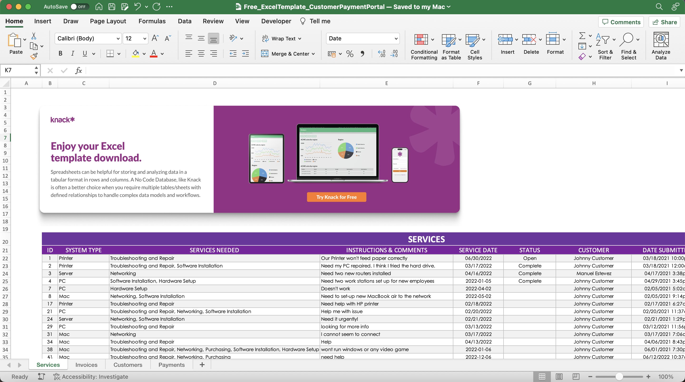 Excel Template for Customer Payments