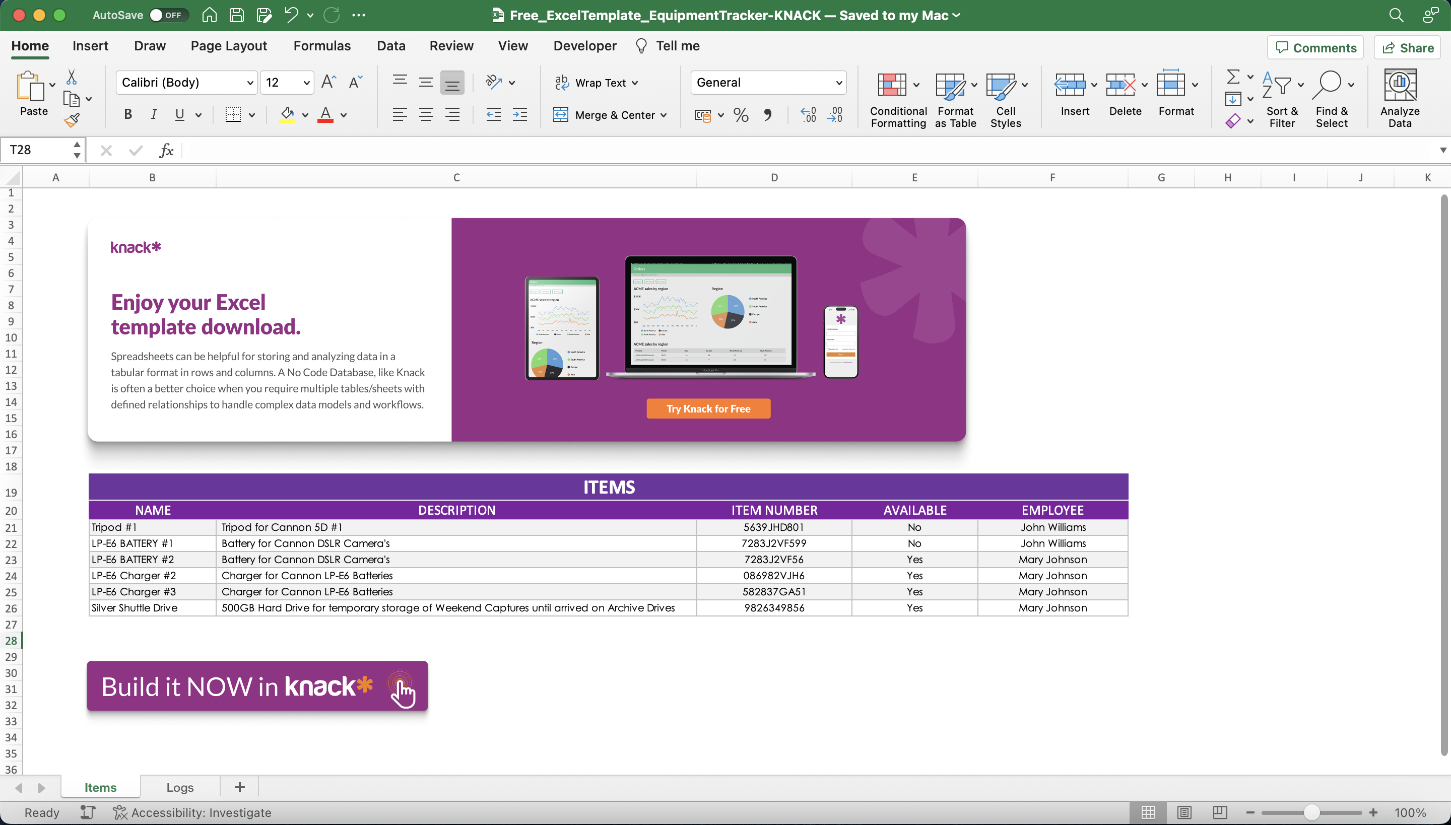 Excel Template for Equipment Tracking