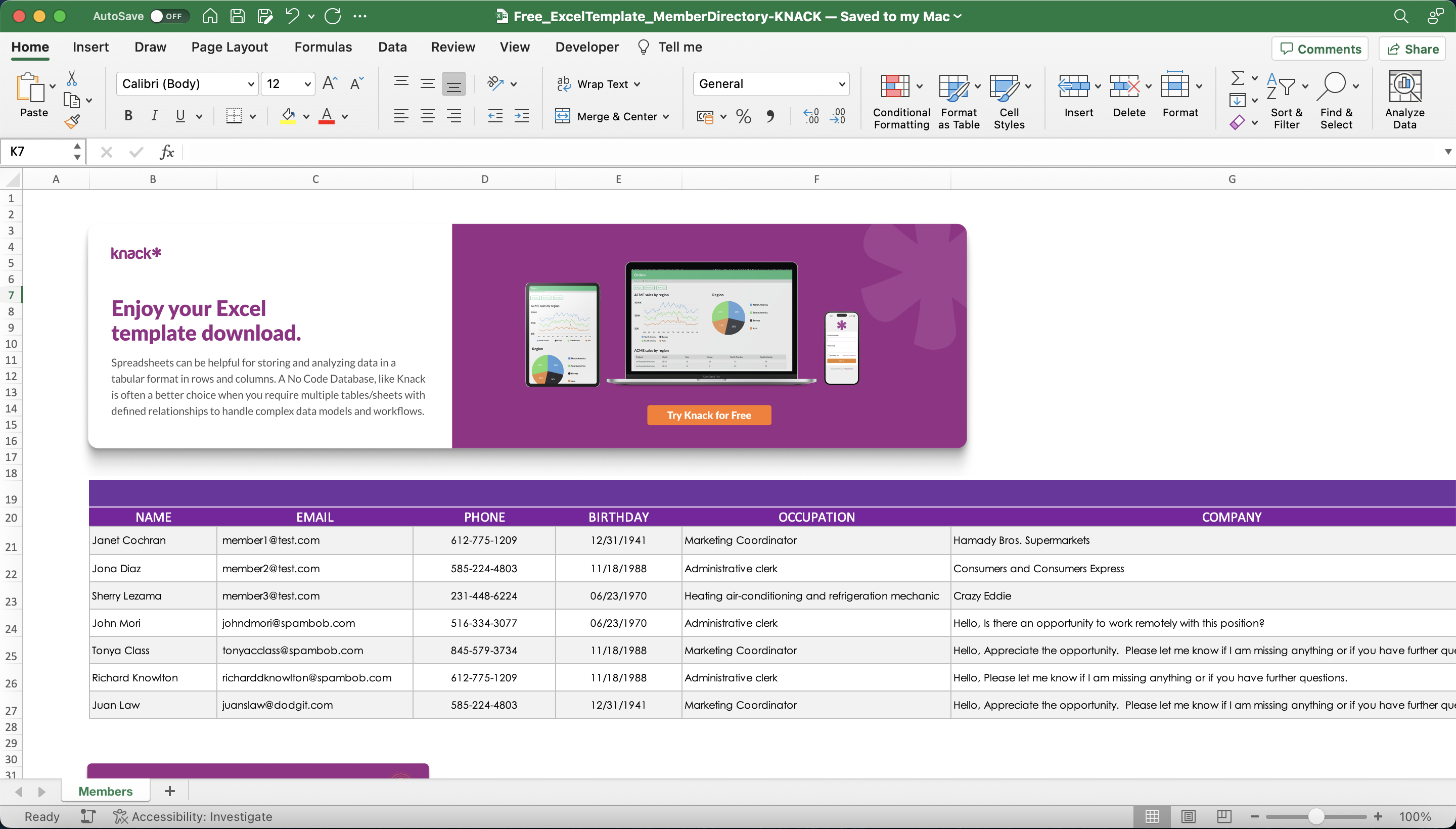 Member Directory Spreadsheet Template