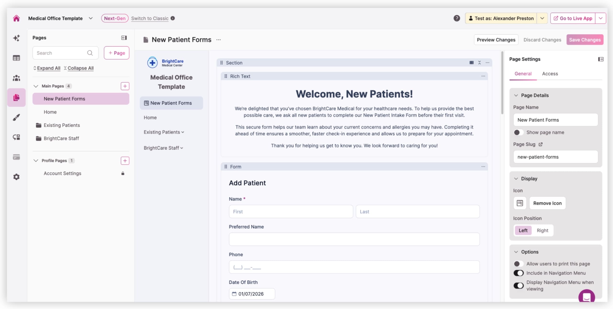 Screenshot Patient Intake Template Welcome Page Backend 2